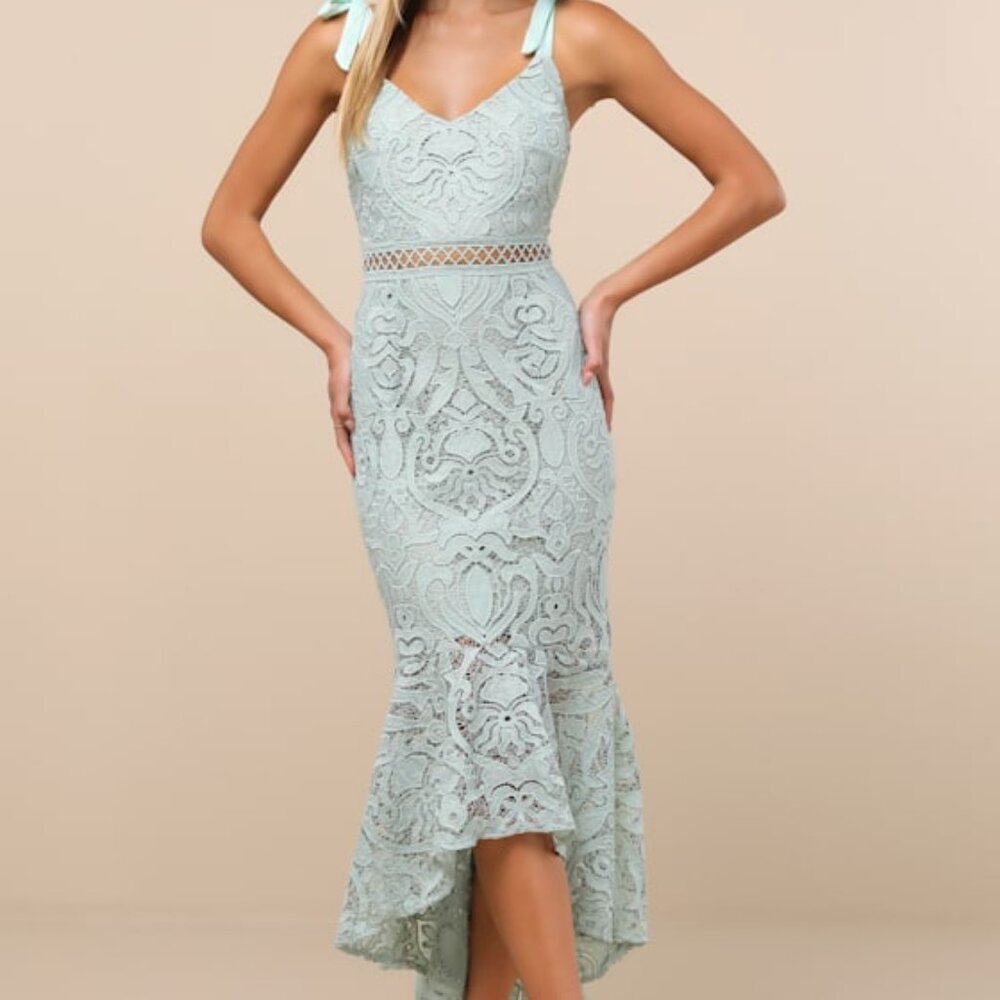 Lulus Won Your Heart Sage Green Lace Tie-strap High-low Midi Dress - Size L